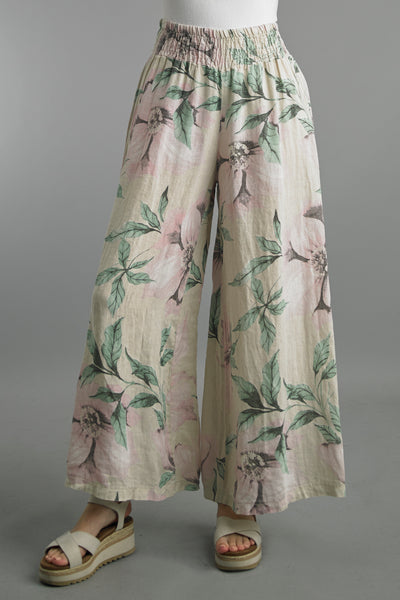 Smocked Waist Printed Flower Wide Leg Linen