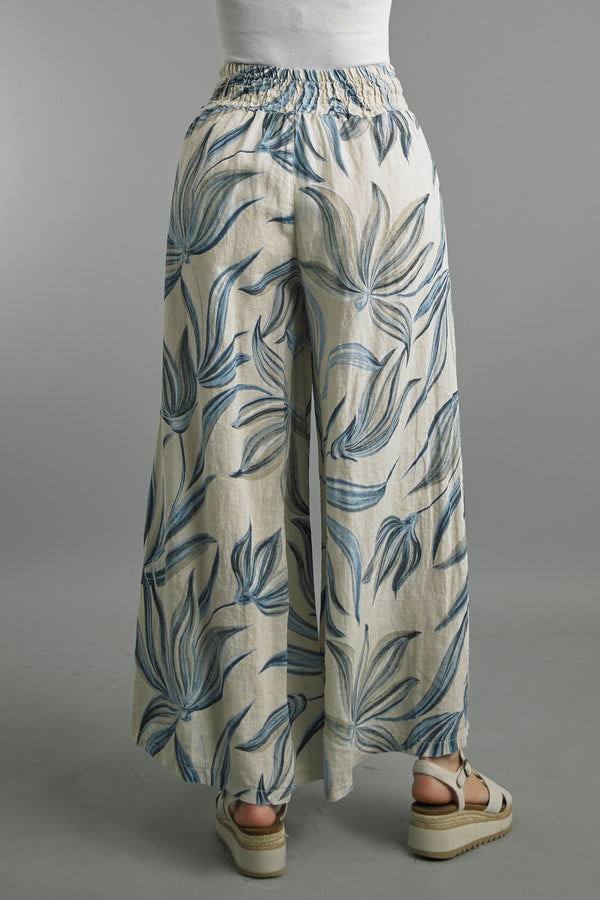Smocked Waist Printed Fern Wide Leg Linen