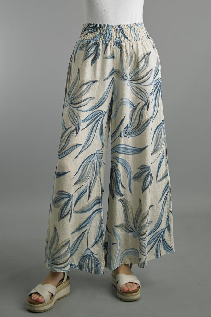 Smocked Waist Printed Fern Wide Leg Linen
