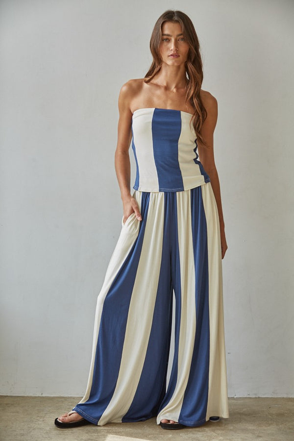 Havana Stripe Tube Top with Knit Wide Pants