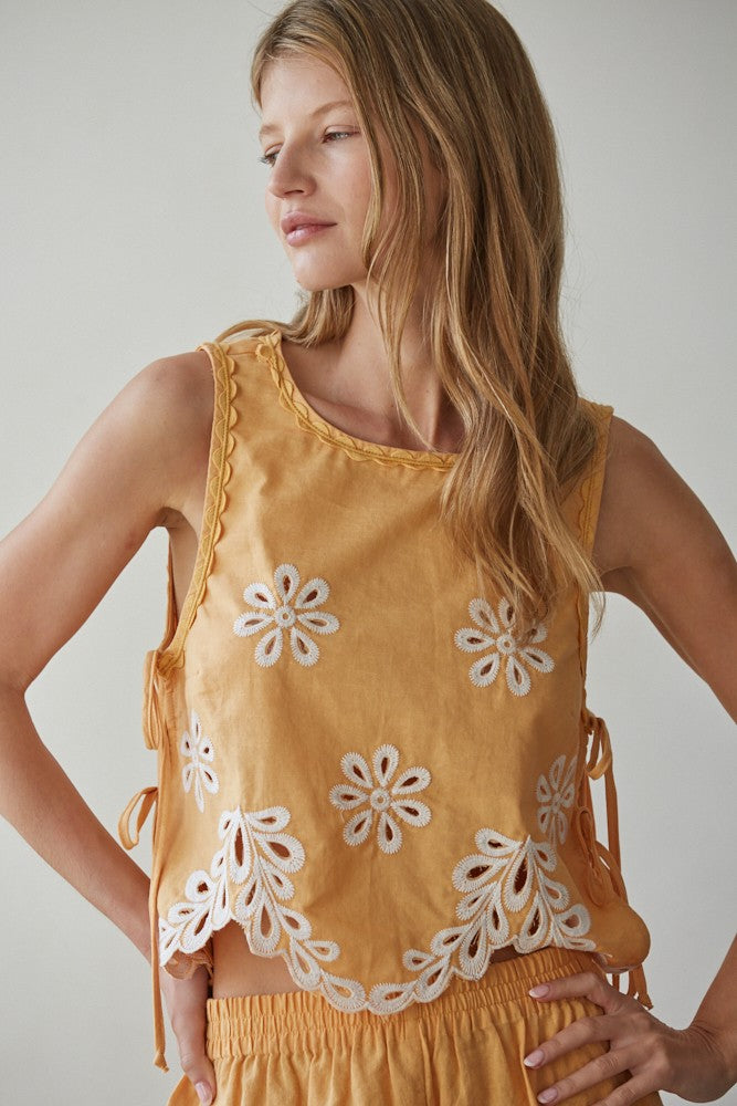 Sundaze Embroidered Eyelet Side Tie Top with Shorts