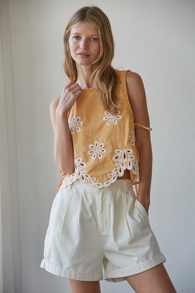 Sundaze Embroidered Eyelet Side Tie Top with Shorts