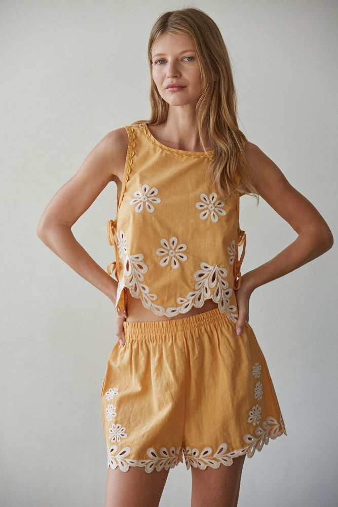 Sundaze Embroidered Eyelet Side Tie Top with Shorts