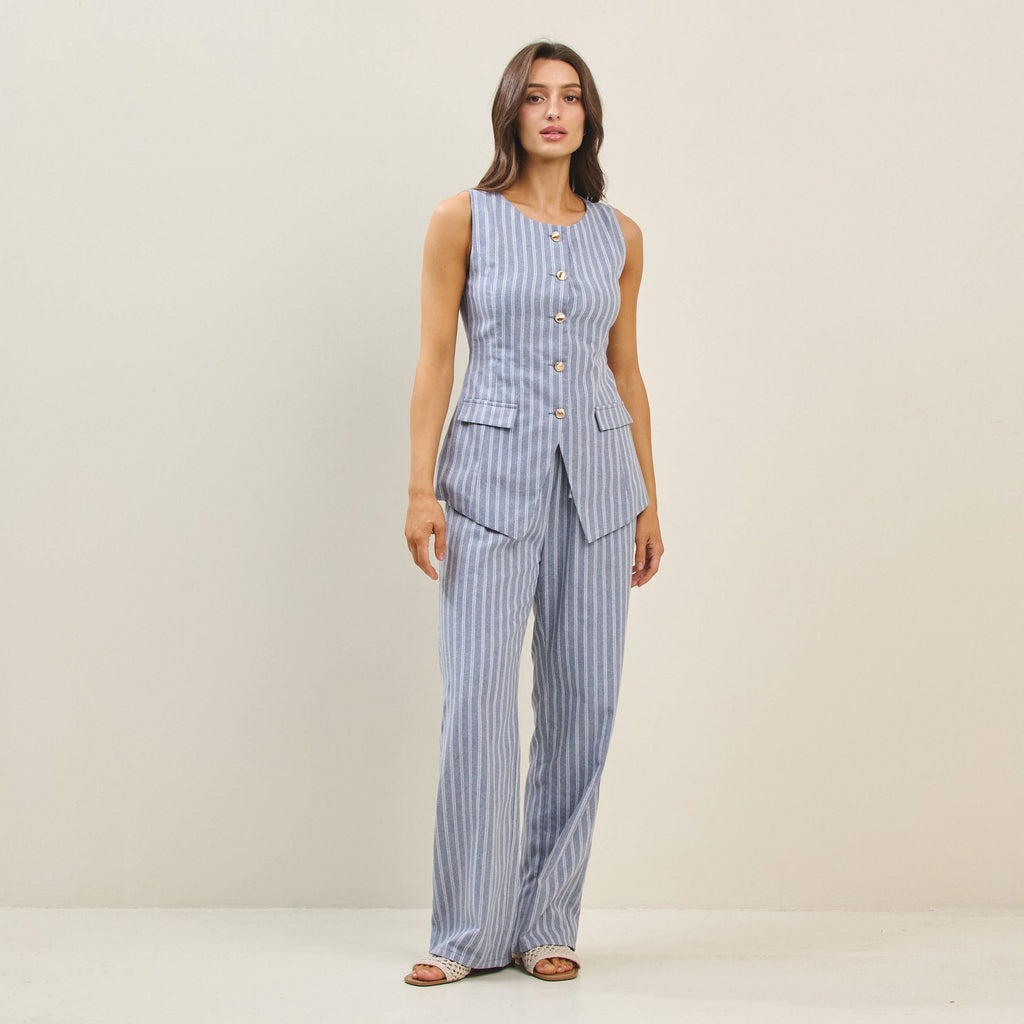 Chic women's boutique clothing Denim Striped Vest & Pants Set, perfect for summer collection or exclusive women's fashion.