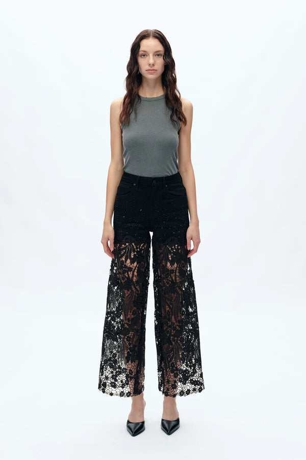 High Rise Rhinestone with Lace Wide Leg Denim
