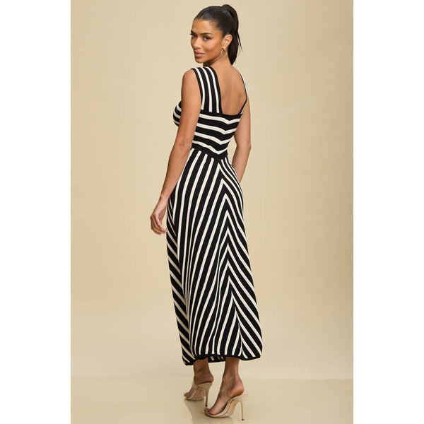 Stylish black & white knit midi dress for women, perfect for summer collection boutique and resort wear dresses.