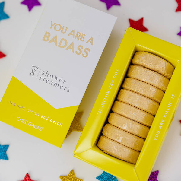 You Are A Badass shower steamers set by Chez Gagné, featuring citrus and sea salt aroma, perfect gift for relaxation.
