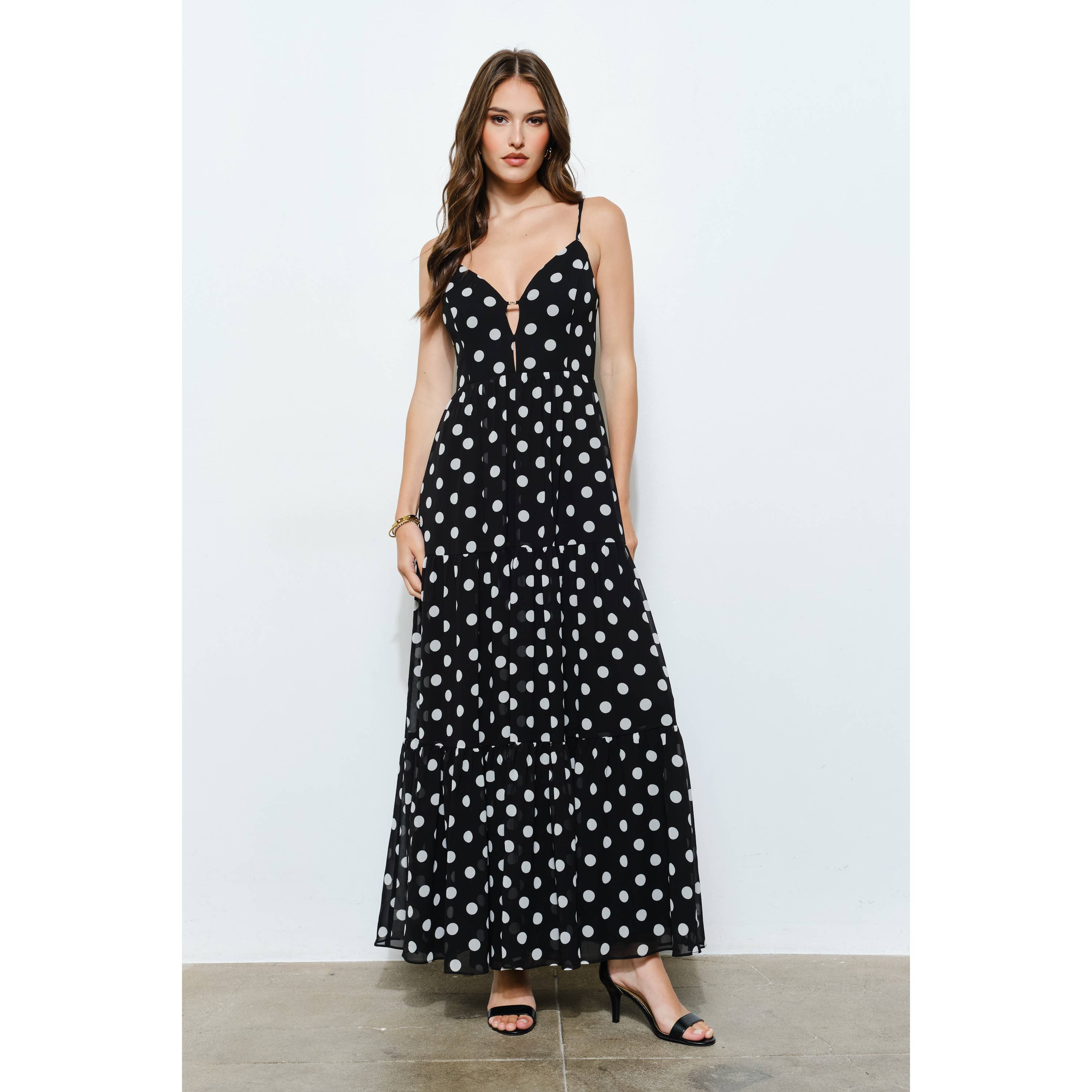 Gold Polka Dot Tiered Maxi Dress for women, perfect for summer brunches and vacation strolls. Boutique fashion new arrivals.