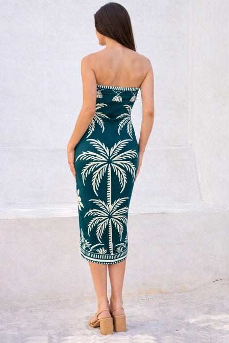 Strapless Chiffon Scarf Panel Teal & Cream Midi Dress