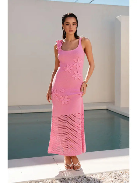 Floral Applique Crochet Bottom Knit Maxi Dress