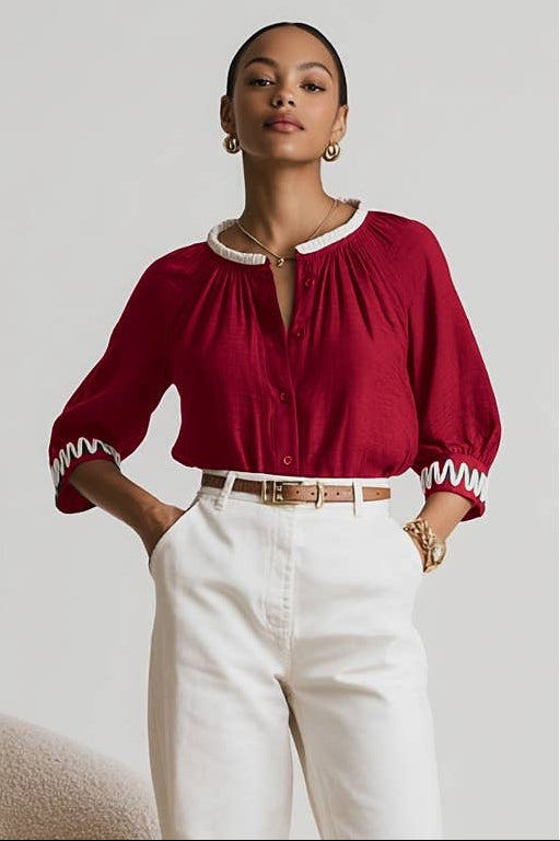 Abstract Applique Popover Blouse Crimson Red