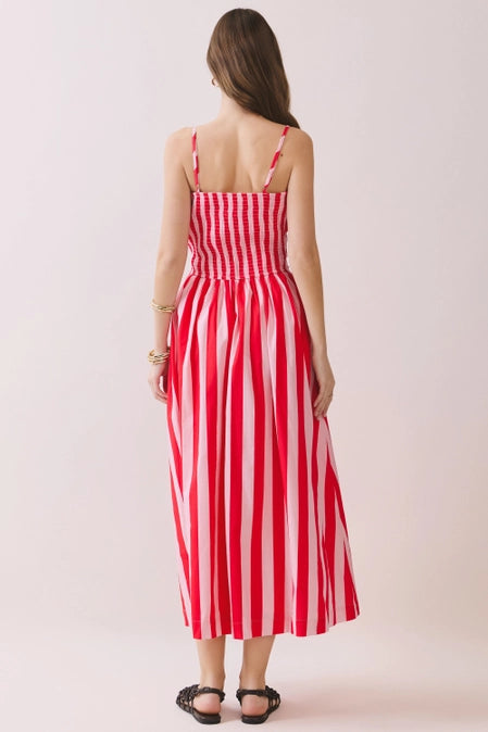 Red & Blush Striped Midi Dress