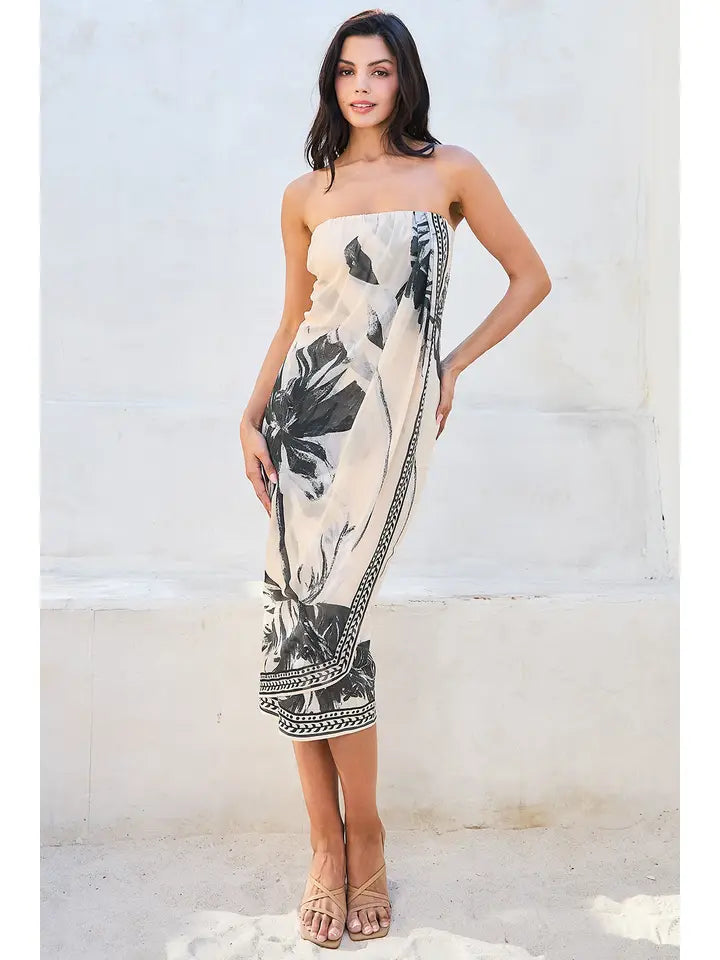 Strapless Chiffon Scarf Panel Black &  Cream Midi Dress