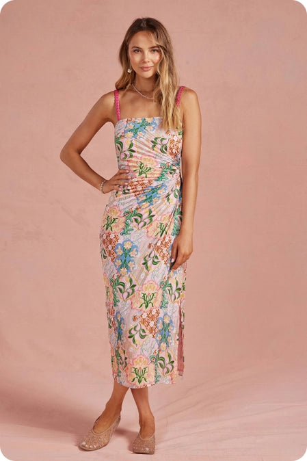 Garden Party Pleated Satin Midi Dress – Pink Flamingo Boutique