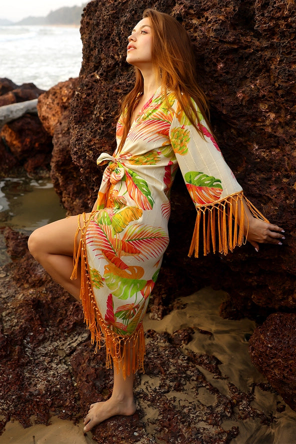 Dua Tropics Gold Lurex Print Fringe Cover Up