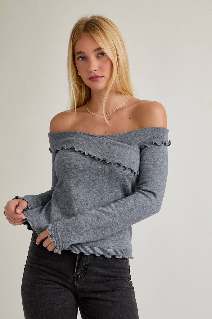 Lettuce Hem Knit Sweater Top Grey
