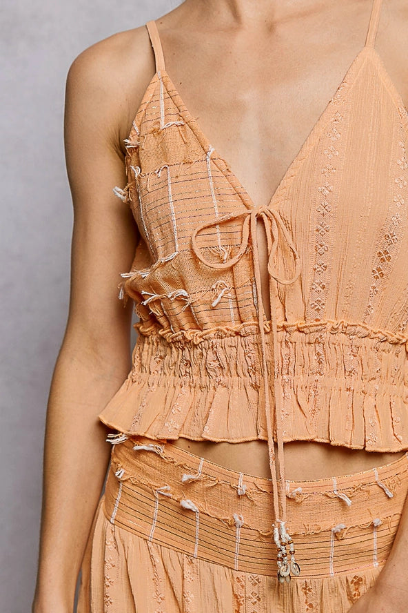 Apricot Textured Tie-Front Smocked Peplum Cami
