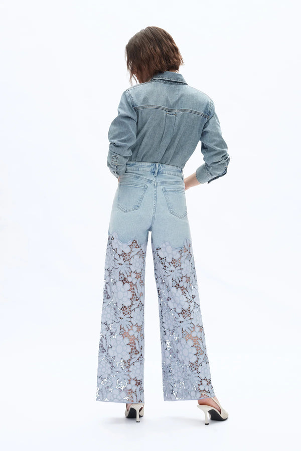 High Rise Rhinestone with Lace Wide Leg Denim