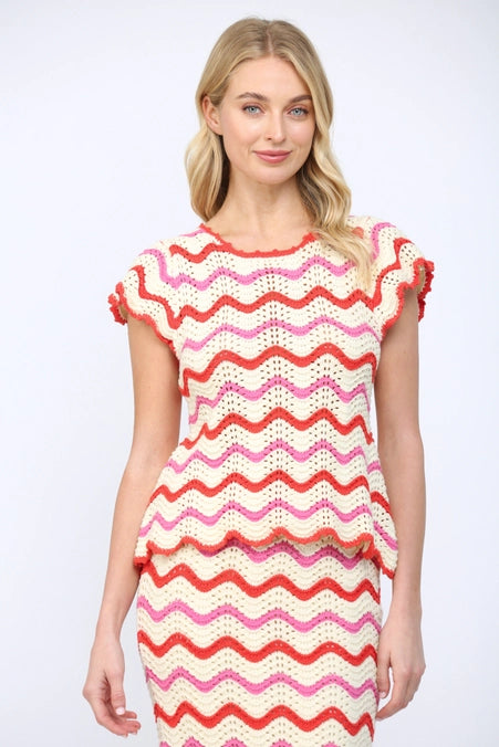 Wavy Chevron Pattern Open Knit Sweater Top