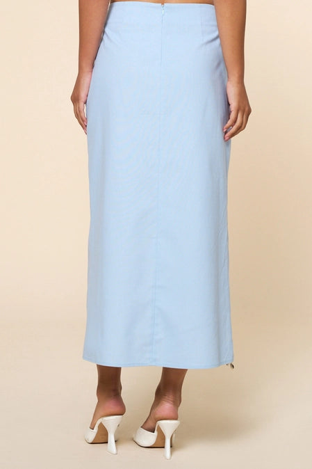 Lt Blue Shell & Beads Trim Warp Midi Skirt