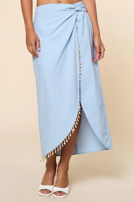 Lt Blue Shell & Beads Trim Warp Midi Skirt