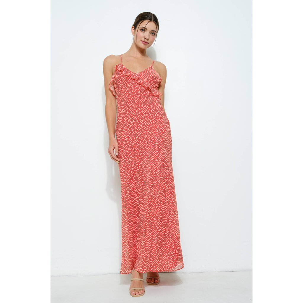 Elegant orange chiffon ruffled polka dot maxi dress, perfect for resort wear or summer collection at women's boutique clothing.