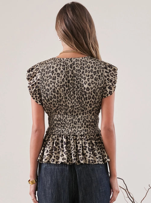 Leopard V-Neck Pleated Sleeveless Top Ruffle Detail Bottom