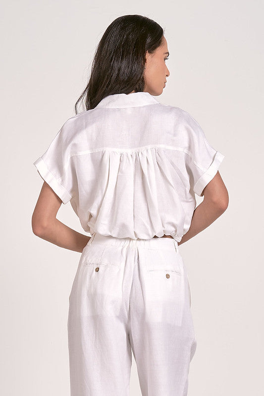 Back view of a white short sleeve waist tie shirt, ideal for women's boutique clothing and summer collection styles.