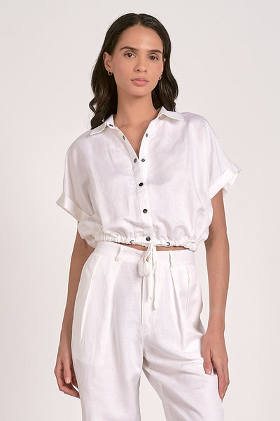 White short sleeve waist tie button shirt, perfect for summer collection boutique and exclusive women's fashion.