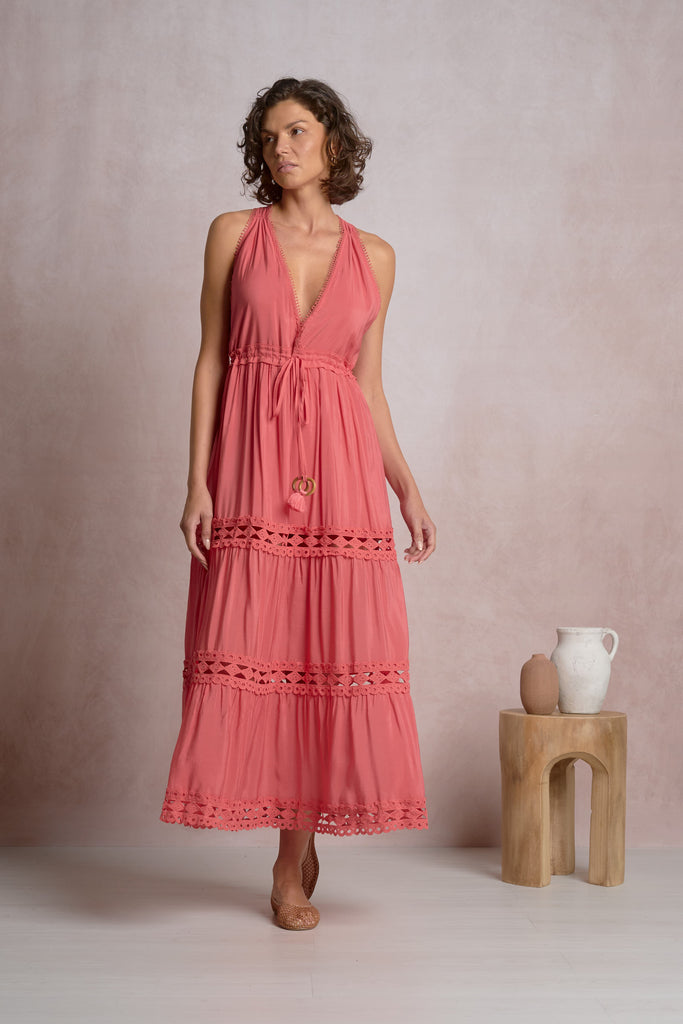 Sleeveless V-Neck Lace Border Maxi Dress
