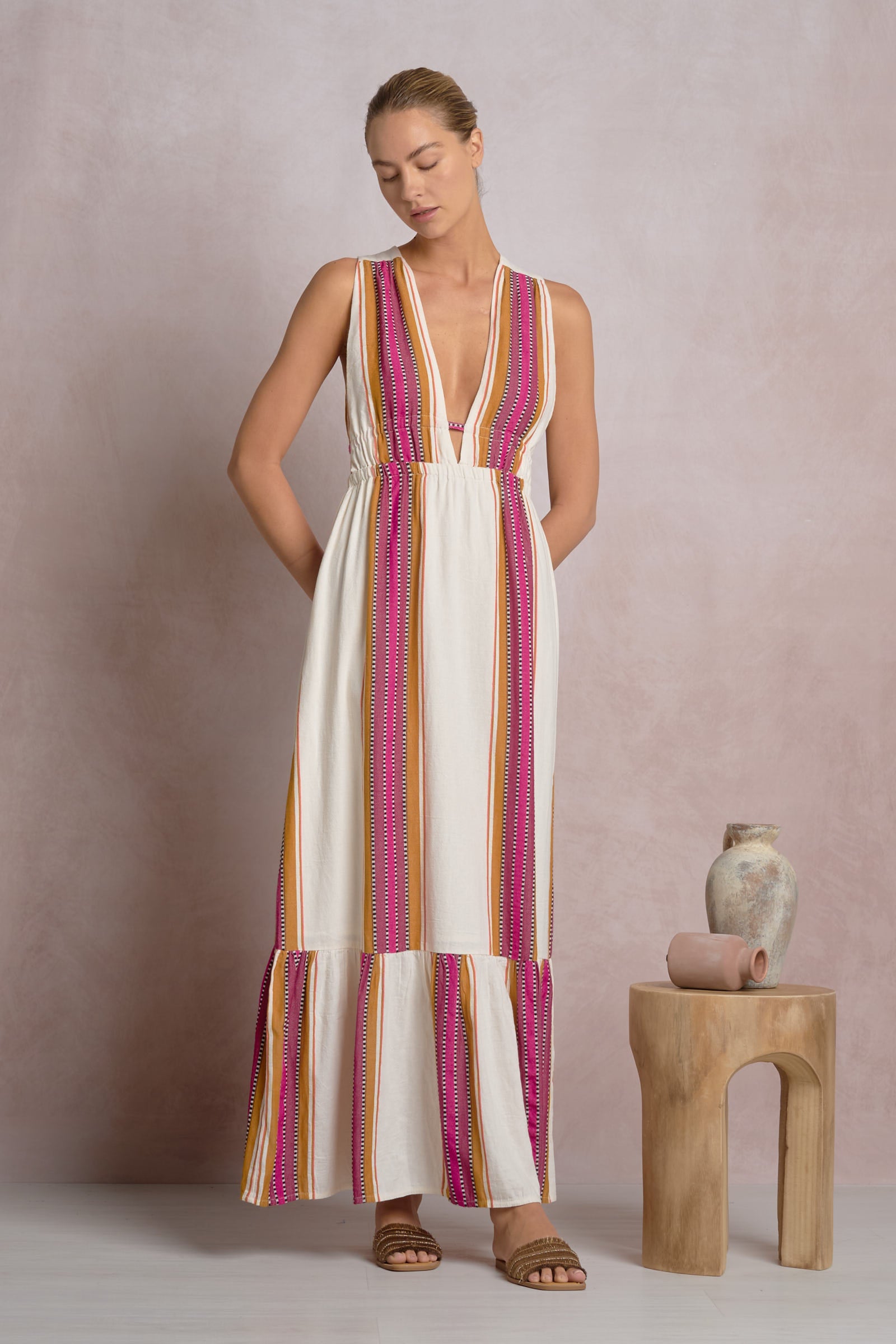 Resort Natural Pink Low V-Neck Sleeveless Ruffle Bottom Maxi Dress