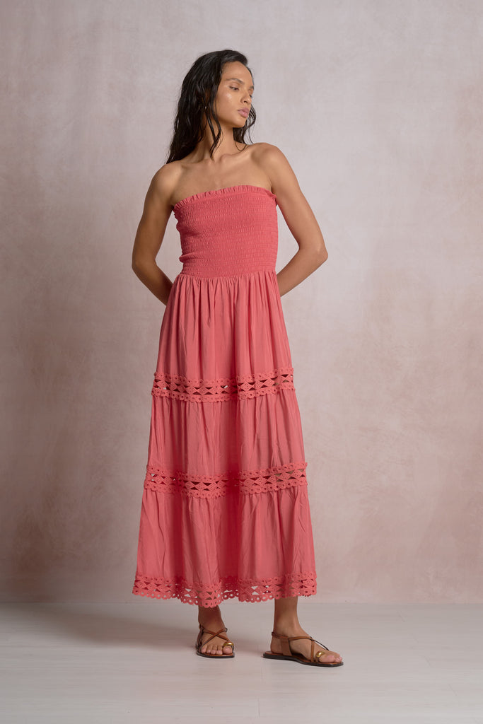 Strapless  Smocked Tube Bodice Lace Trim Dress