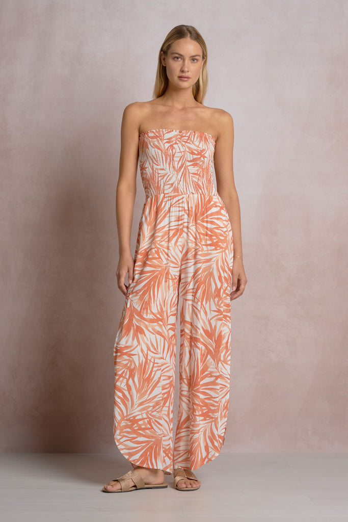 Smocked Tube Bodice Jumpsuit w/Pockets Palm Design