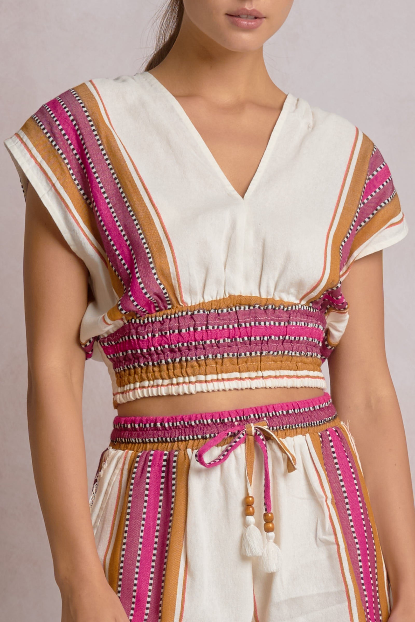 Resort Natural Pink V-Neck Cinch Waist Top