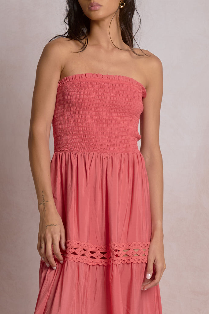 chinese dress ladies Strapless Smocked Tube Bodice Lace Trim Dress – Pink Flamingo Boutique