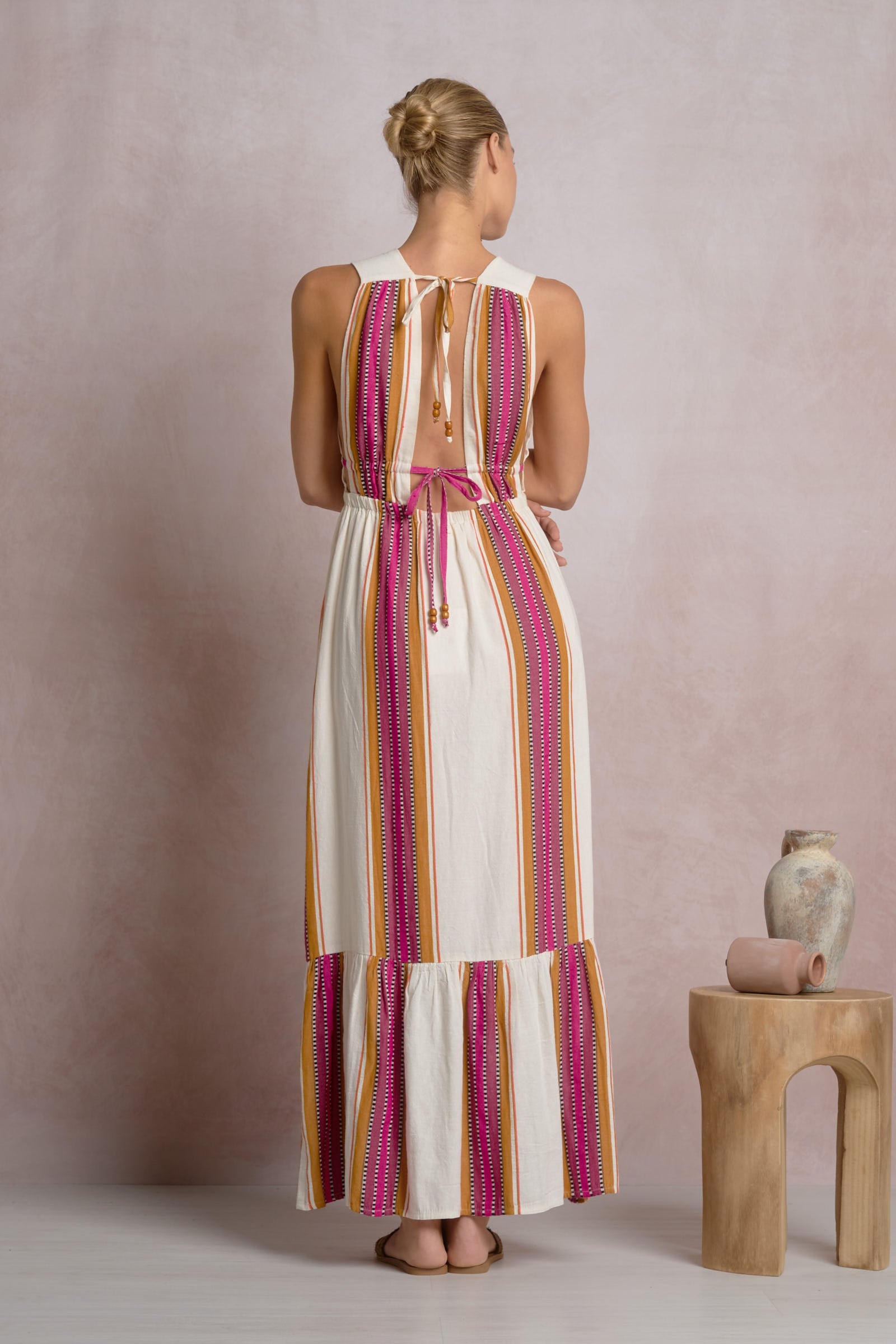 Resort Natural Pink Low V-Neck Sleeveless Ruffle Bottom Maxi Dress