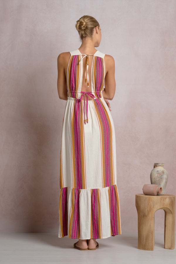 Resort Natural Pink Low V-Neck Sleeveless Ruffle Bottom Maxi Dress