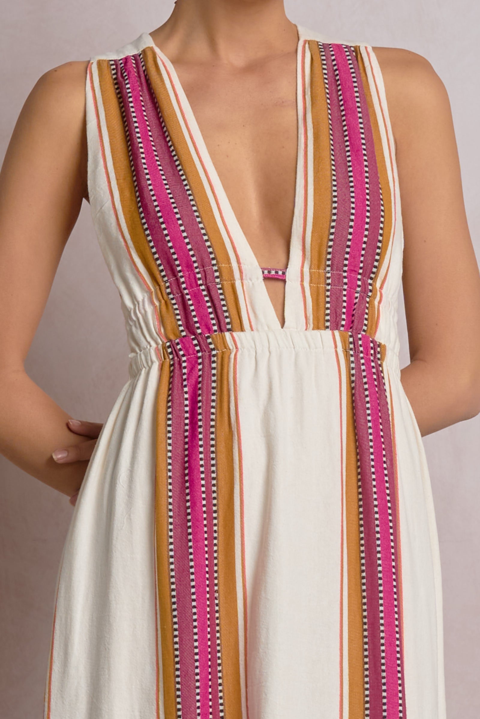 Resort Natural Pink Low V-Neck Sleeveless Ruffle Bottom Maxi Dress