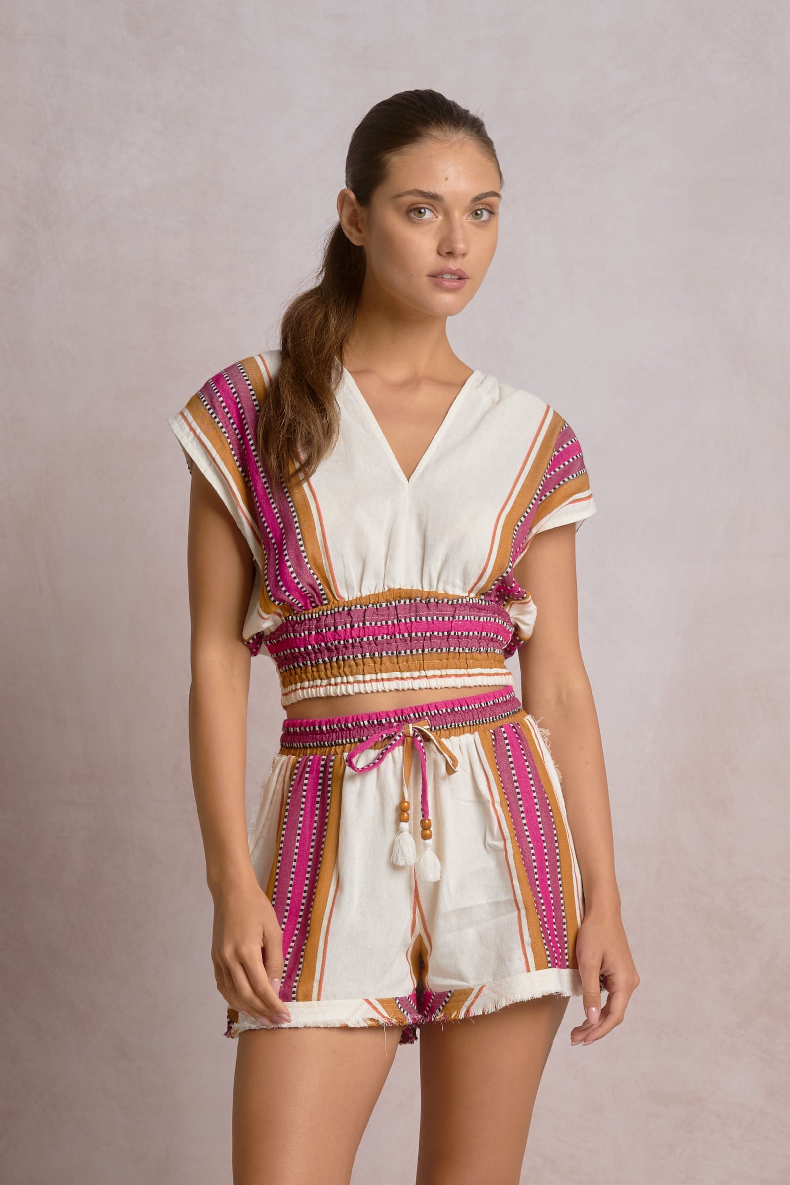 Resort Natural Pink V-Neck Cinch Waist Top