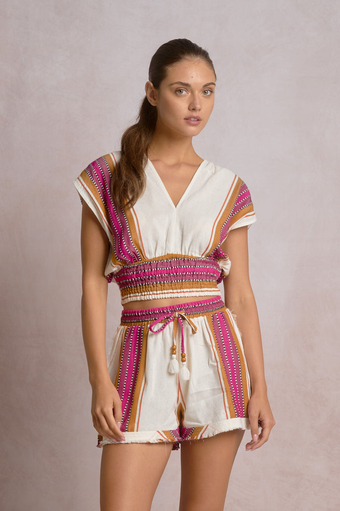 Resort Natural Pink V-Neck Cinch Waist Top