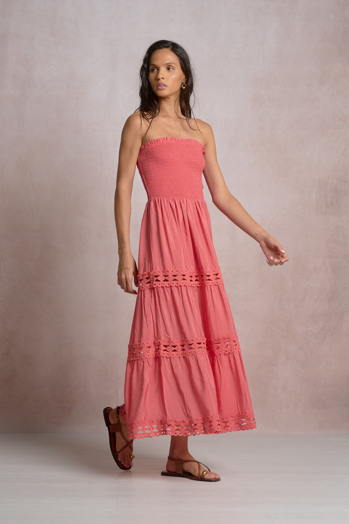 smocked tube dress Strapless Smocked Tube Bodice Lace Trim Dress – Pink Flamingo Boutique