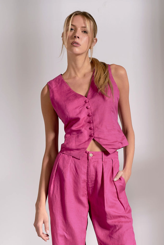 V-Neck Button Down Vest Fuchsia