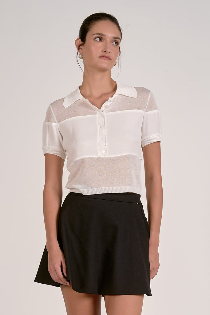 White Short Sleeve Collar Sheer Sweater Top