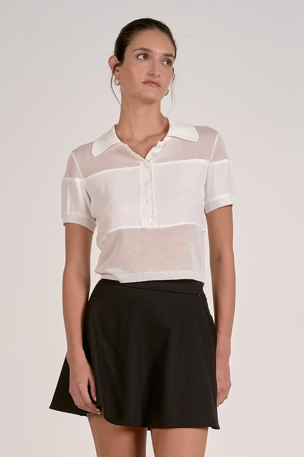 White Short Sleeve Collar Sheer Sweater Top