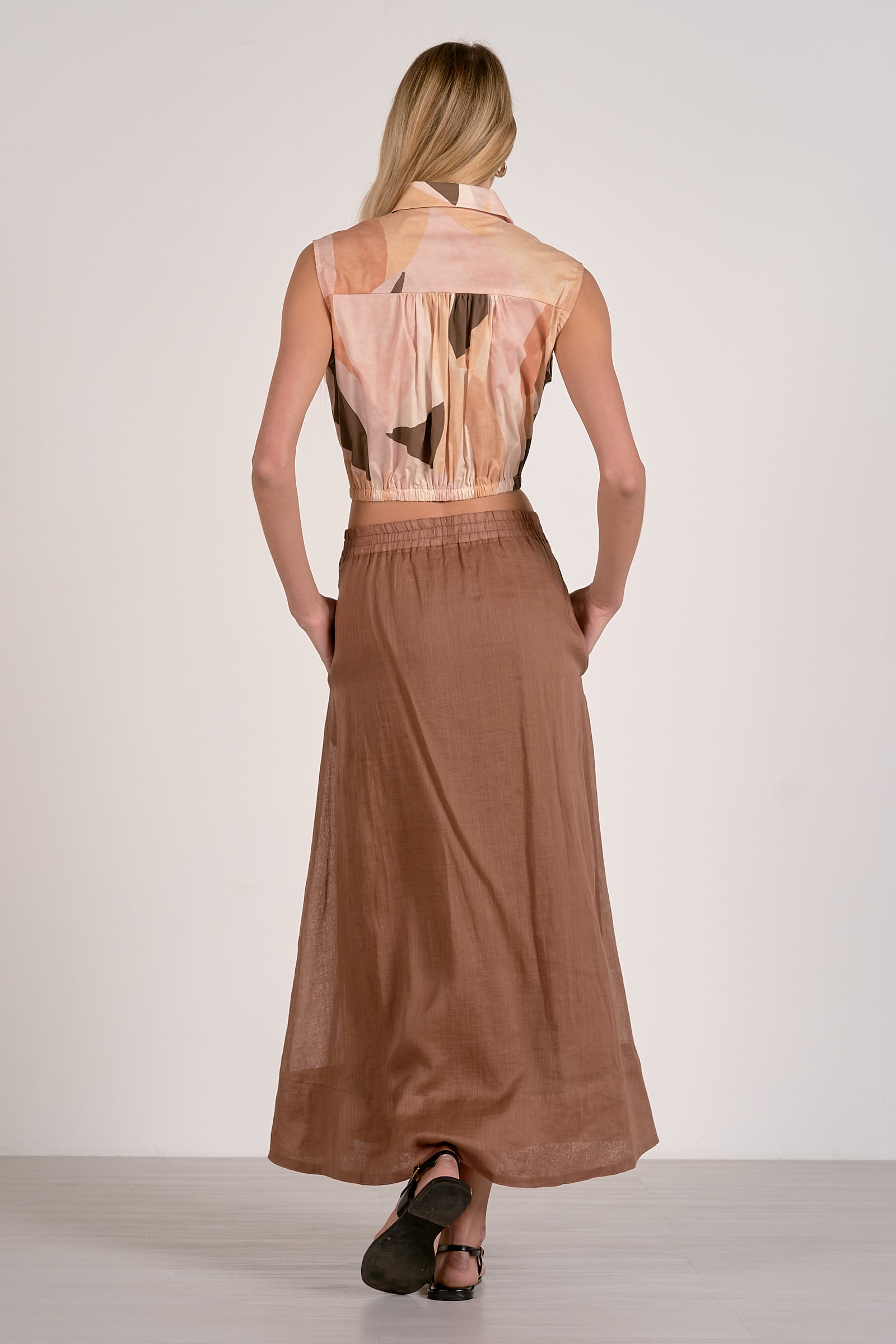 Geo Multi Sleeveless Collar Button Down Elastic Waist w/Separate Tie