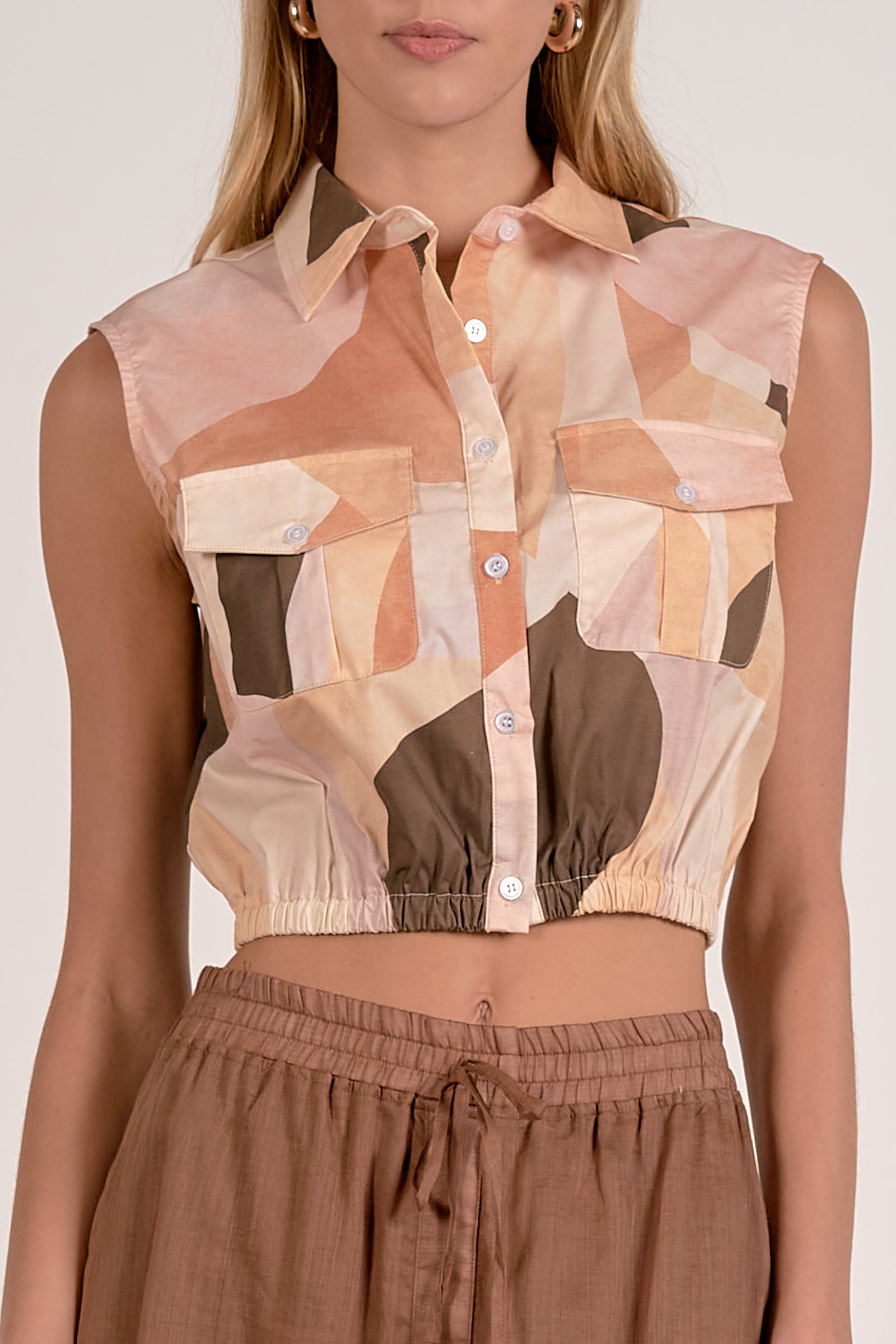 Geo Multi Sleeveless Collar Button Down Elastic Waist w/Separate Tie