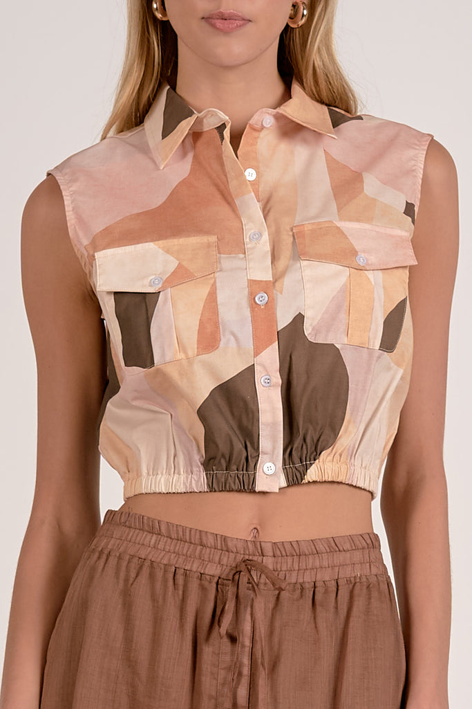 Geo Multi Sleeveless Collar Button Down Elastic Waist w/Separate Tie