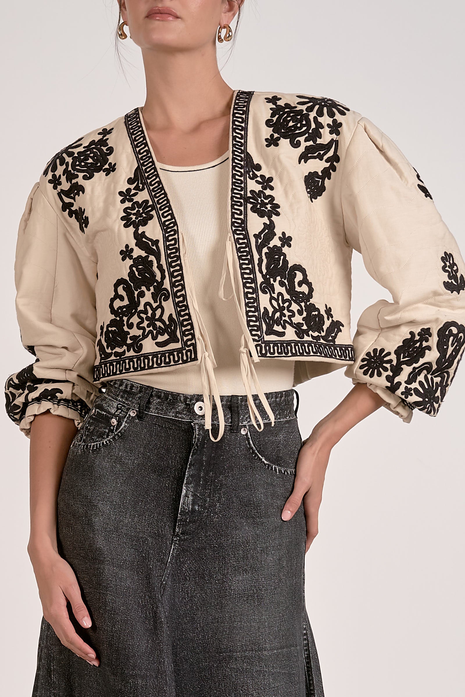 Beige 3/4 Sleeve  Black Embroidery Border Tie Front Jacket