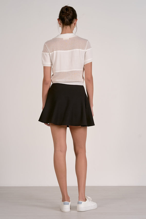 White Short Sleeve Collar Sheer Sweater Top