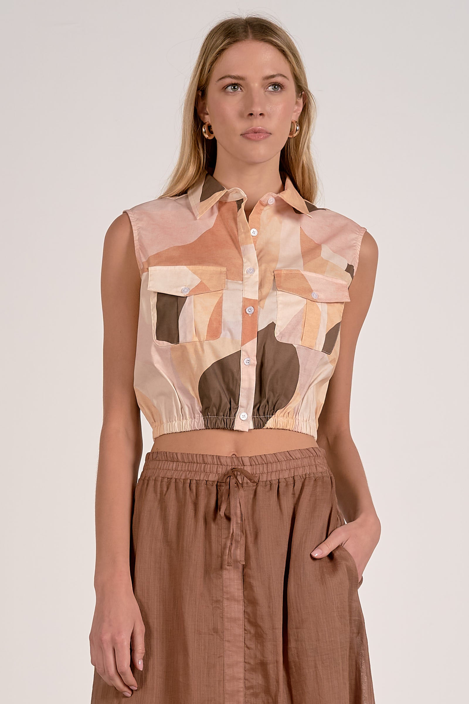 Geo Multi Sleeveless Collar Button Down Elastic Waist w/Separate Tie